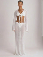 Knit Flared Sleeve Tie Front Cropped Cover-Up Top – Summer Vacation Swimwear