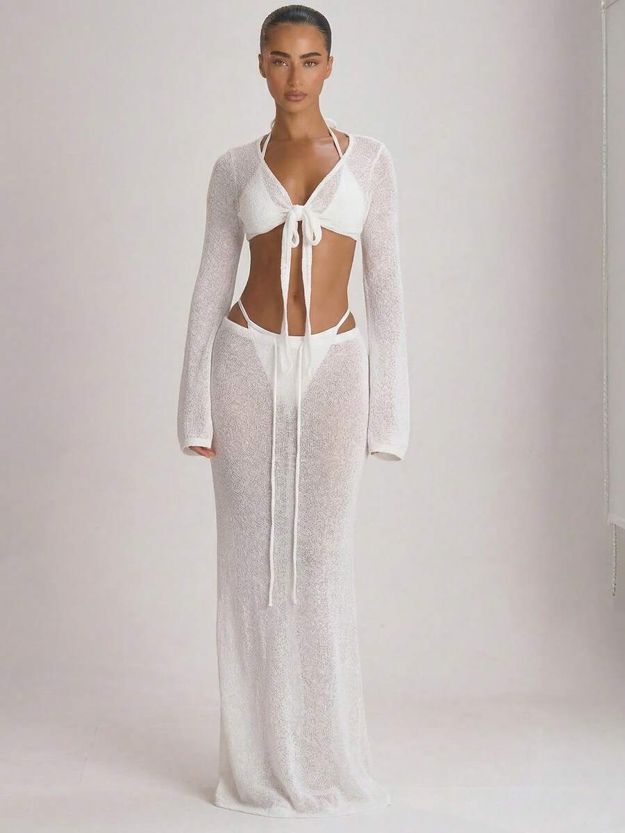 Knit Flared Sleeve Tie Front Cropped Cover-Up Top – Summer Vacation Swimwear