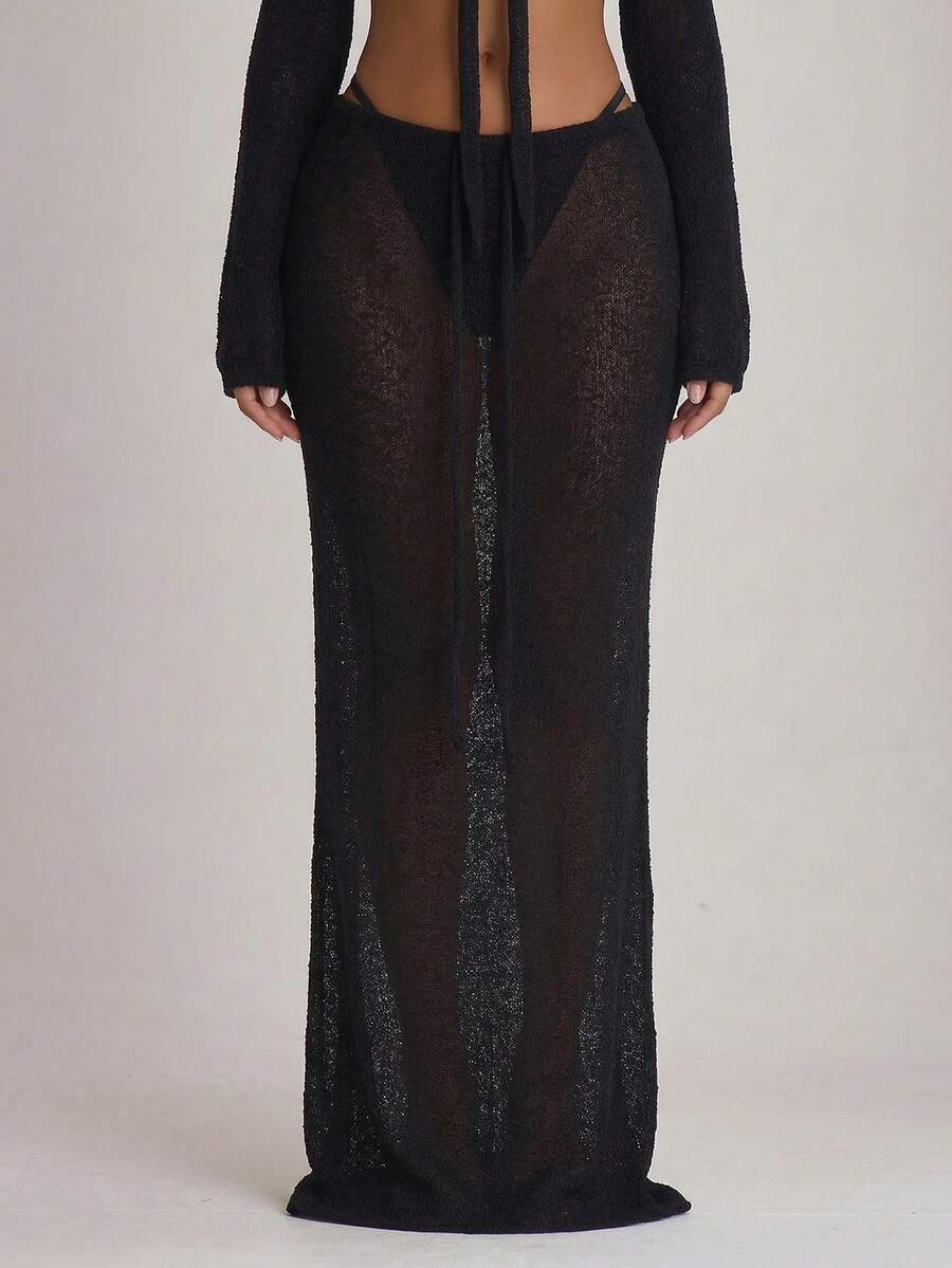 Knit Tie Front Maxi Skirt Beach Cover-Up – Summer Vacation Swimwear