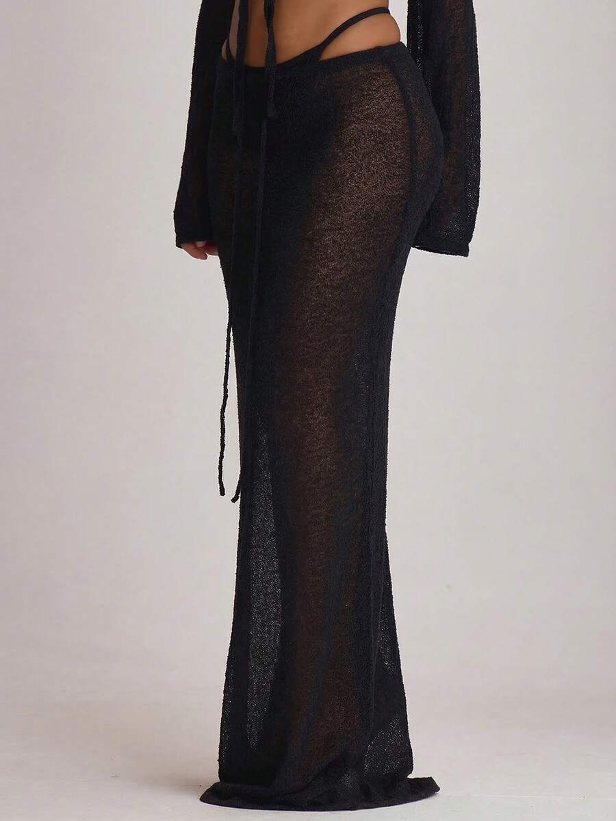 Knit Tie Front Maxi Skirt Beach Cover-Up – Summer Vacation Swimwear