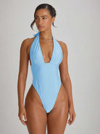 Plunge Halter Tie Back Cheeky Swimsuit – Summer Beach Vacation Swimwear