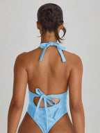 Plunge Halter Tie Back Cheeky Swimsuit – Summer Beach Vacation Swimwear