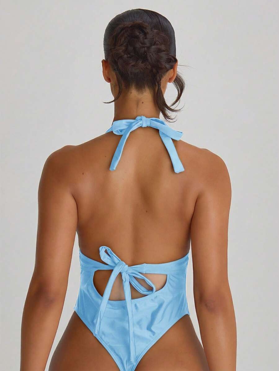 Plunge Halter Tie Back Cheeky Swimsuit – Summer Beach Vacation Swimwear
