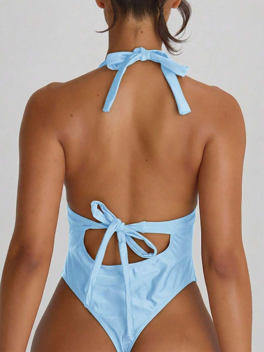 Plunge Halter Tie Back Cheeky Swimsuit – Summer Beach Vacation Swimwear