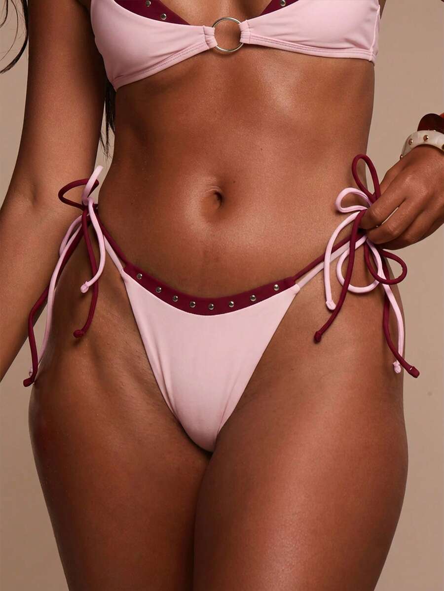 Studded Lace-Up Tie Side Bikini Bottoms – Summer Beach Vacation Swimwear
