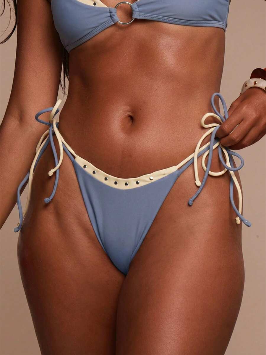 Studded Lace-Up Tie Side Bikini Bottoms – Summer Beach Vacation Swimwear