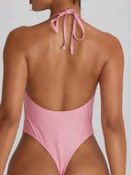 Halterneck High Leg Thong One-Piece Swimsuit – Summer Beach Vacation Swimwear