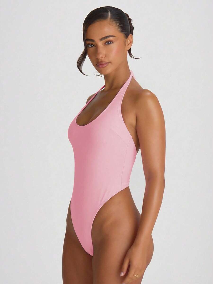 Halterneck High Leg Thong One-Piece Swimsuit – Summer Beach Vacation Swimwear