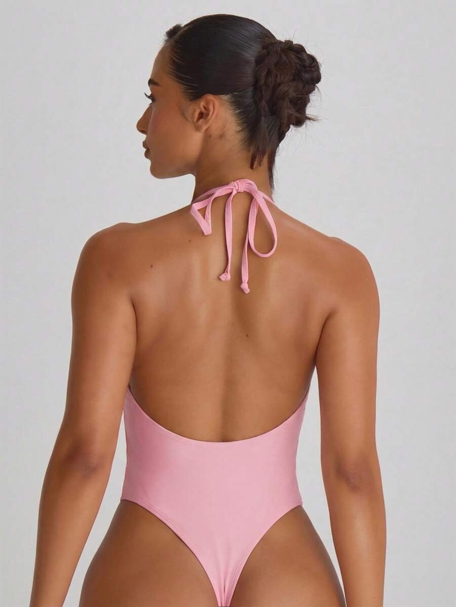 Halterneck High Leg Thong One-Piece Swimsuit – Summer Beach Vacation Swimwear