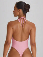 Halterneck High Leg Thong One-Piece Swimsuit – Summer Beach Vacation Swimwear