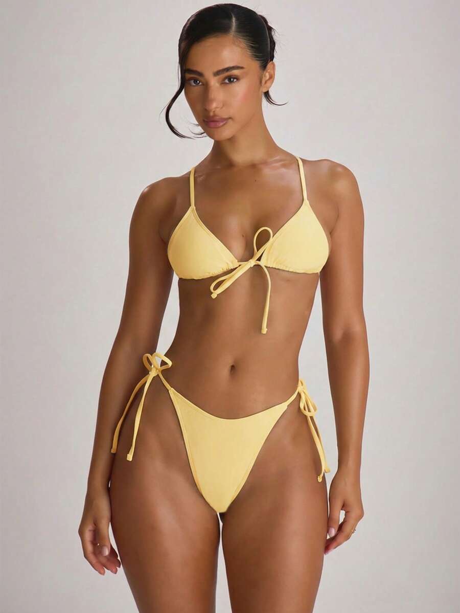 Tie Side Scooped Front Thong Bikini Bottoms – Summer Beach Vacation Swimwear