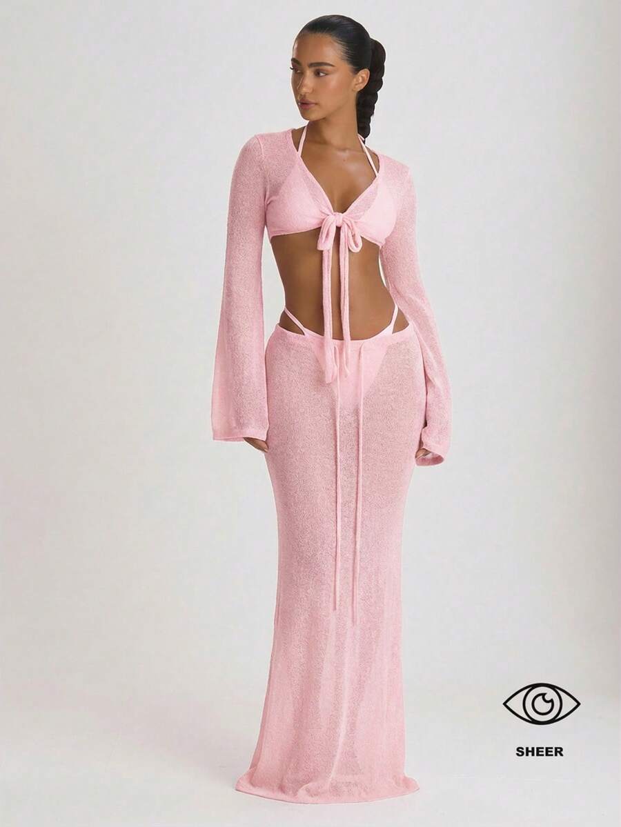Knit Tie Front Maxi Skirt Beach Cover-Up – Summer Vacation Swimwear