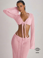 Knit Flared Sleeve Tie Front Cropped Cover-Up Top – Summer Vacation Swimwear