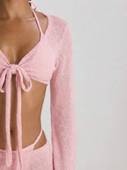 Knit Flared Sleeve Tie Front Cropped Cover-Up Top – Summer Vacation Swimwear