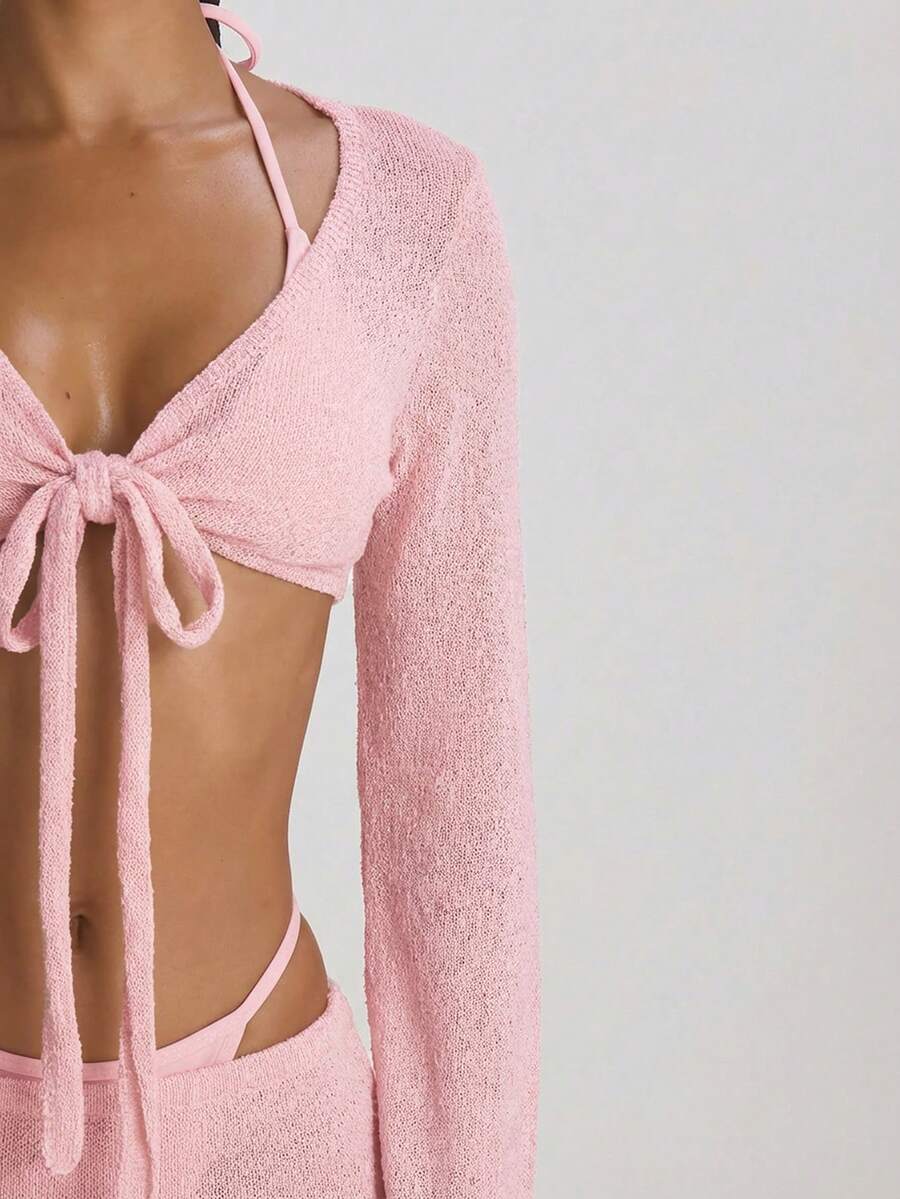 Knit Flared Sleeve Tie Front Cropped Cover-Up Top – Summer Vacation Swimwear