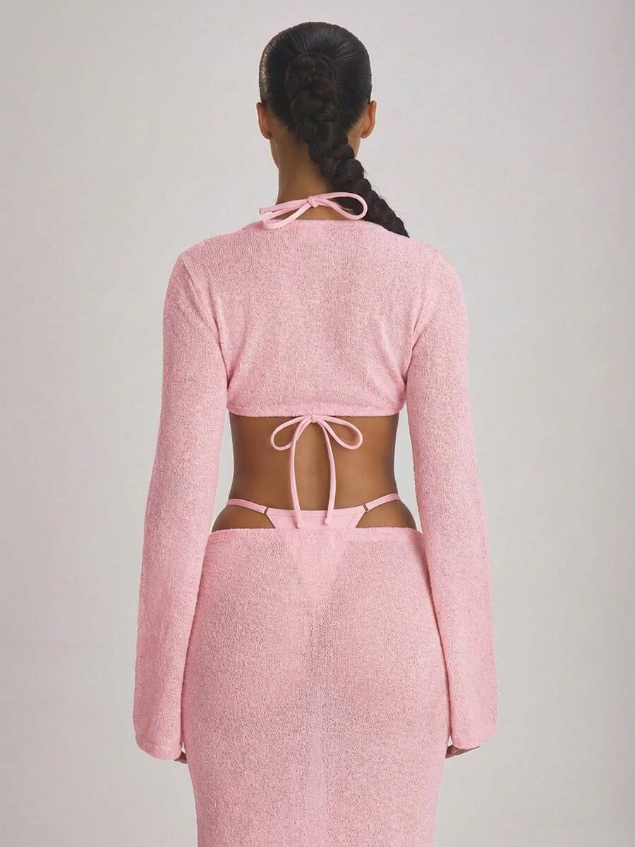 Knit Flared Sleeve Tie Front Cropped Cover-Up Top – Summer Vacation Swimwear