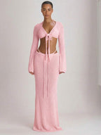 Knit Flared Sleeve Tie Front Cropped Cover-Up Top – Summer Vacation Swimwear