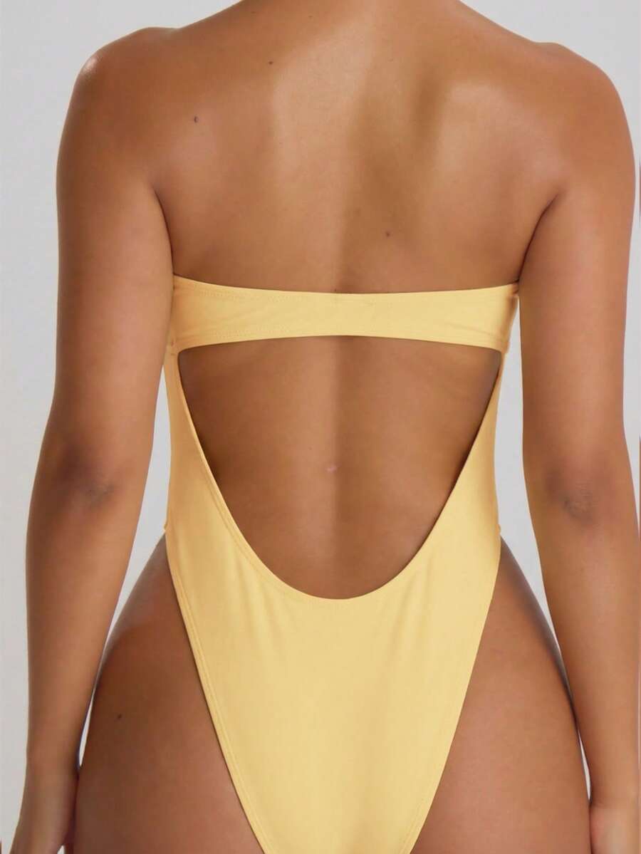 Bandeau Cut-Out Back High Leg Swimsuit – Summer Beach Vacation Swimwear
