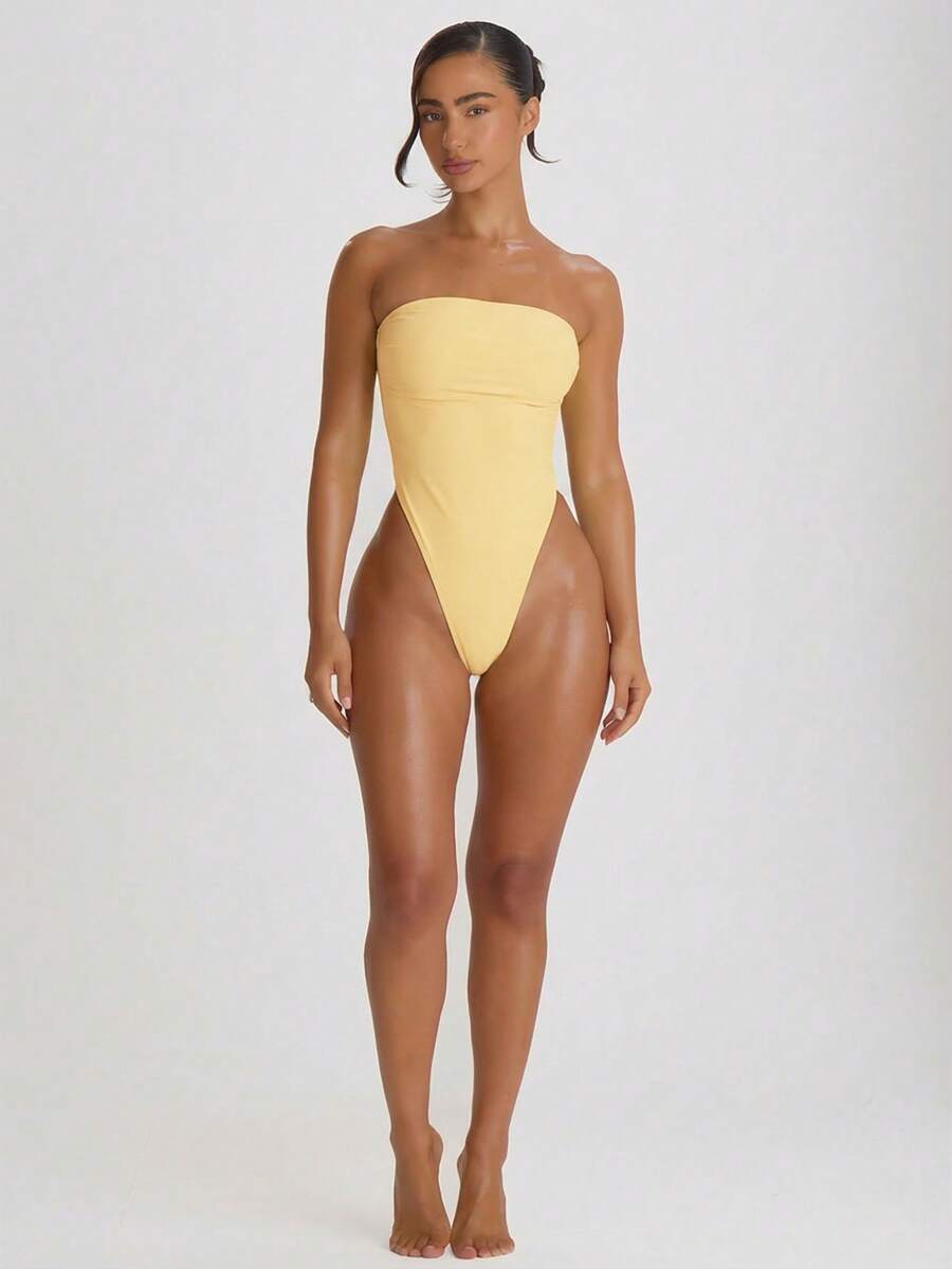 Bandeau Cut-Out Back High Leg Swimsuit – Summer Beach Vacation Swimwear