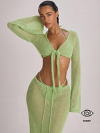 Knit Flared Sleeve Tie Front Cropped Cover-Up Top – Summer Vacation Swimwear