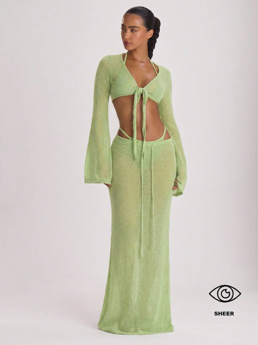 Knit Tie Front Maxi Skirt Beach Cover-Up – Summer Vacation Swimwear