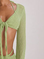 Knit Flared Sleeve Tie Front Cropped Cover-Up Top – Summer Vacation Swimwear