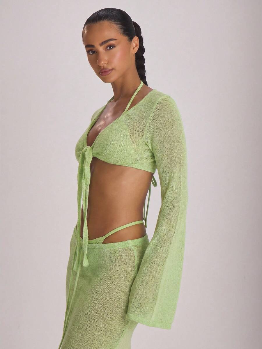 Knit Flared Sleeve Tie Front Cropped Cover-Up Top – Summer Vacation Swimwear