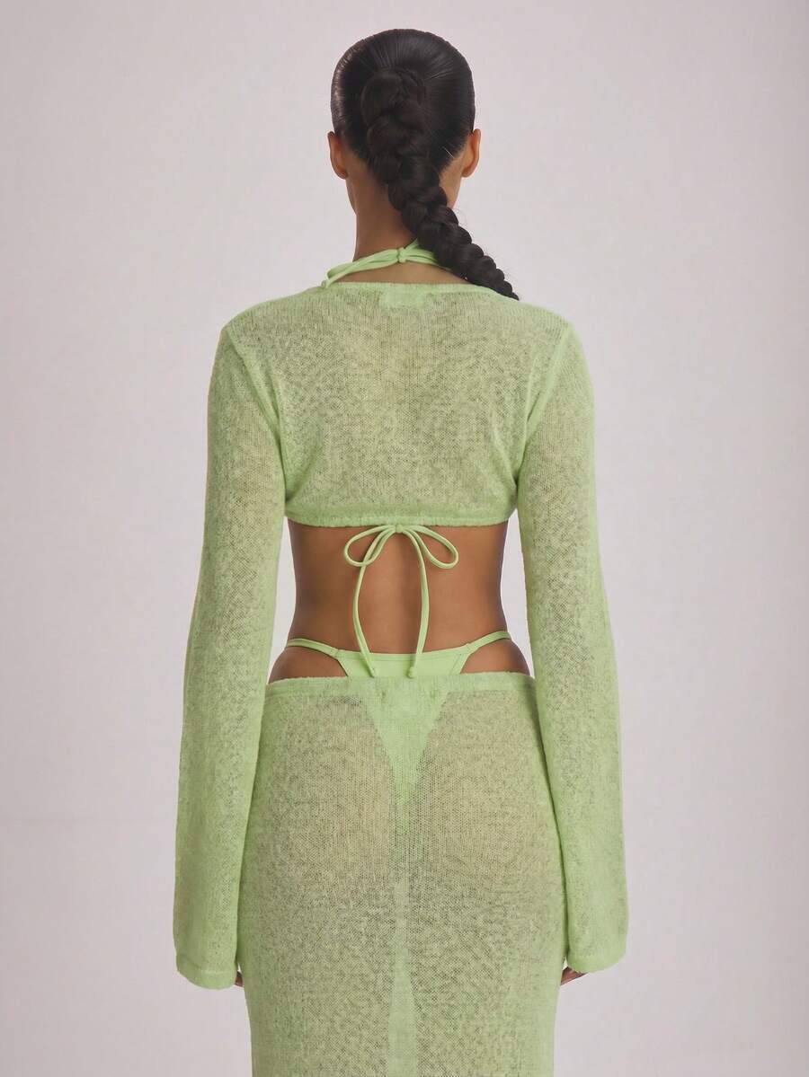 Knit Flared Sleeve Tie Front Cropped Cover-Up Top – Summer Vacation Swimwear