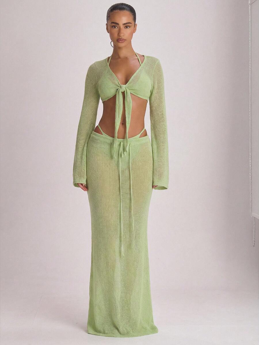 Knit Flared Sleeve Tie Front Cropped Cover-Up Top – Summer Vacation Swimwear