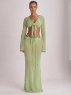 Knit Flared Sleeve Tie Front Cropped Cover-Up Top – Summer Vacation Swimwear