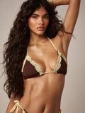 Contrast Lace Trim Triangle Halter Bikini Top – Summer Beach Vacation Swimwear