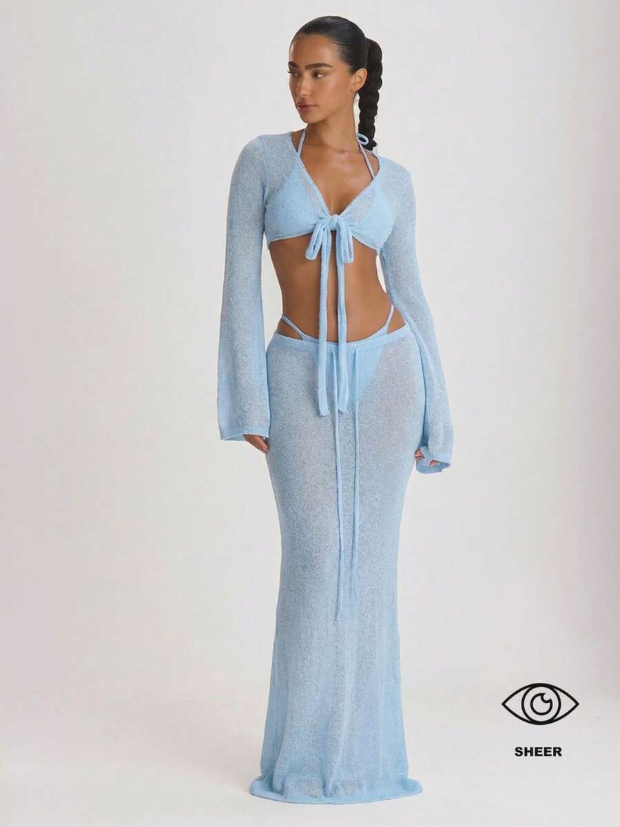 Knit Tie Front Maxi Skirt Beach Cover-Up – Summer Vacation Swimwear