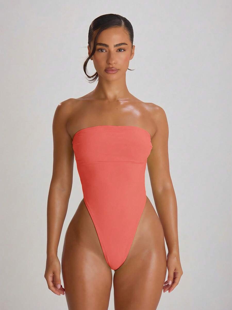 Bandeau Cut-Out Back High Leg Swimsuit – Summer Beach Vacation Swimwear