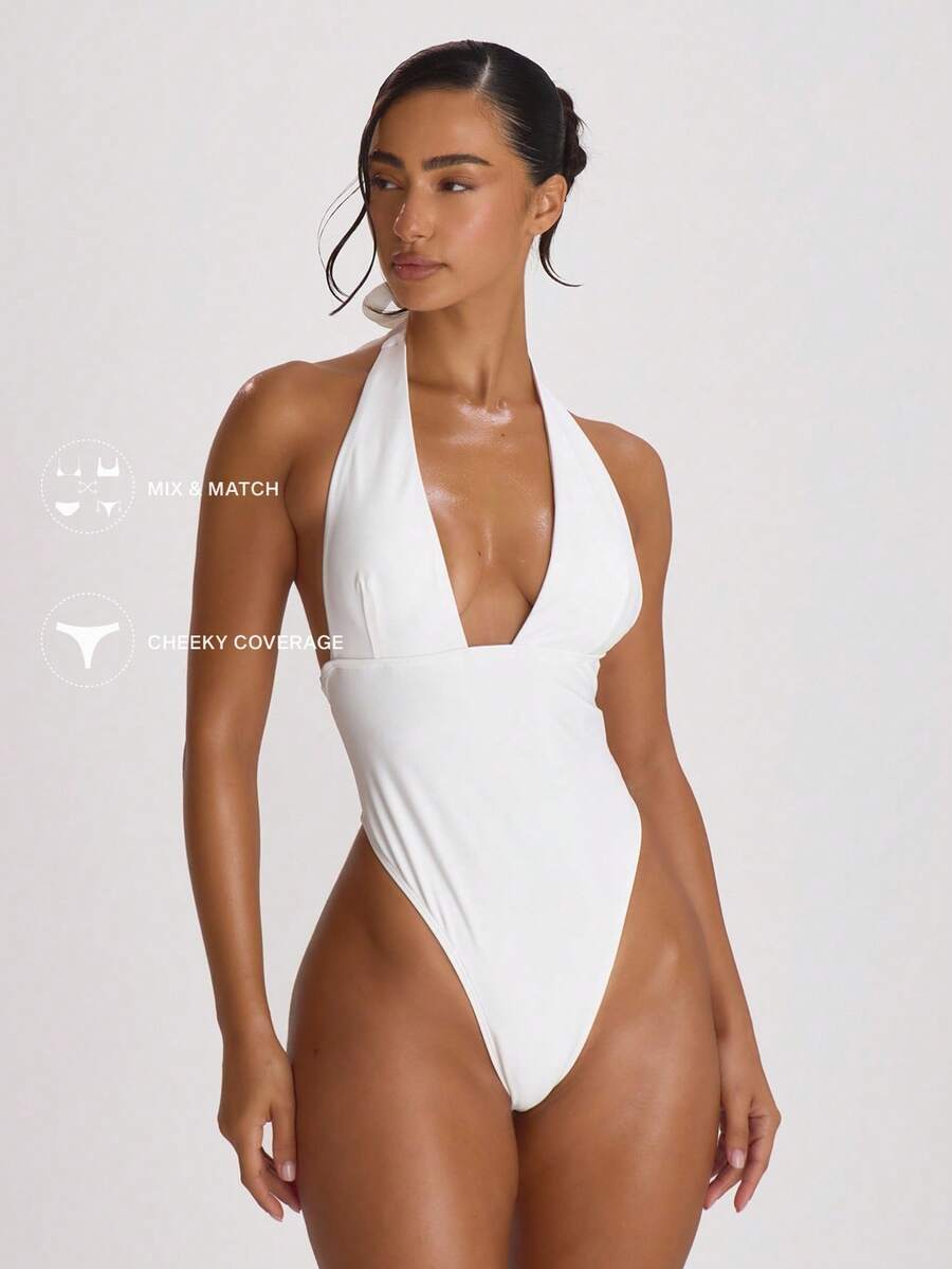 Plunge Halter Tie Back Cheeky Swimsuit – Summer Beach Vacation Swimwear