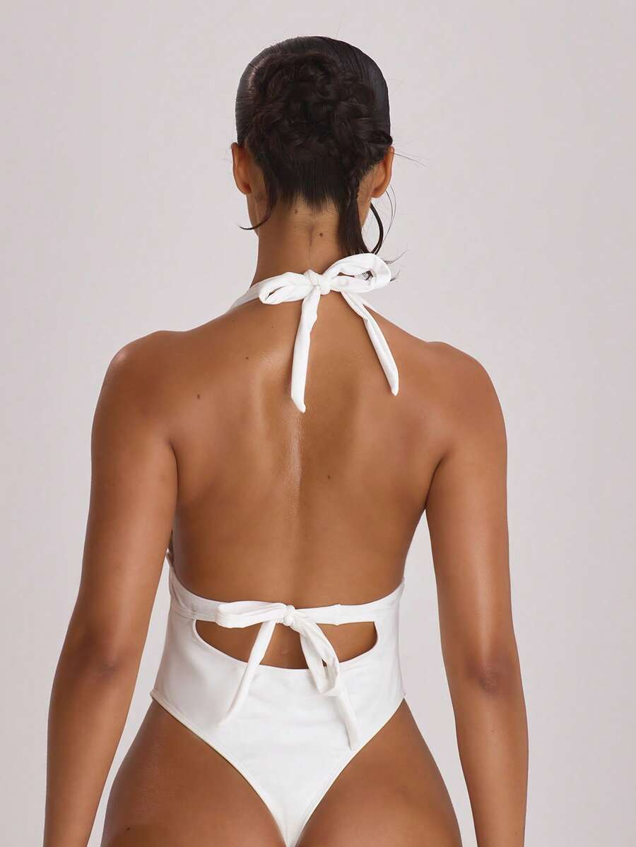 Plunge Halter Tie Back Cheeky Swimsuit – Summer Beach Vacation Swimwear