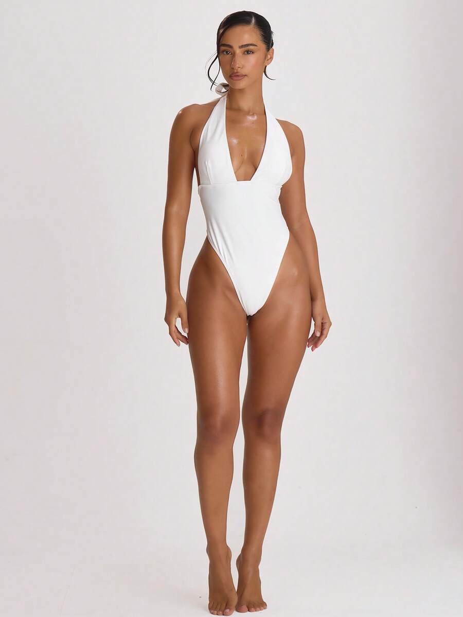 Plunge Halter Tie Back Cheeky Swimsuit – Summer Beach Vacation Swimwear