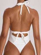 Plunge Halter Tie Back Cheeky Swimsuit – Summer Beach Vacation Swimwear