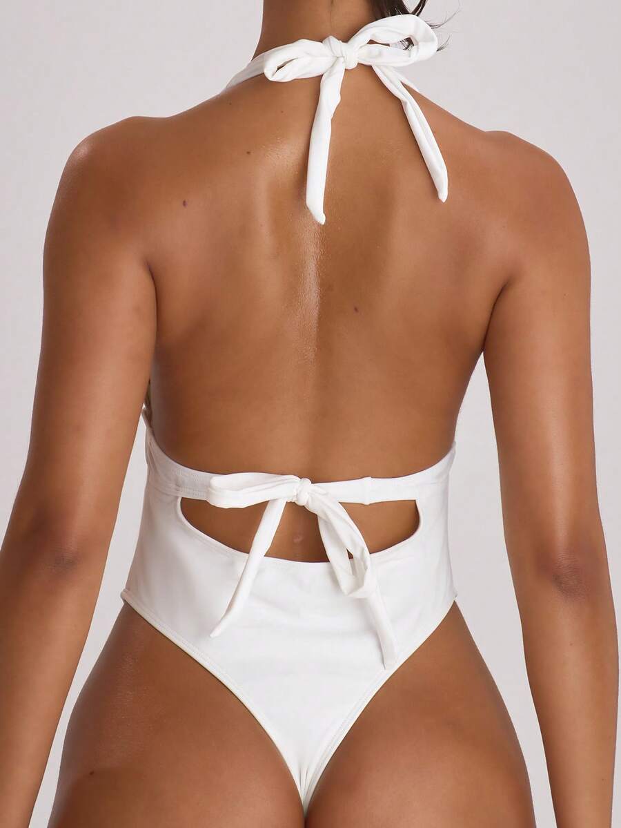 Plunge Halter Tie Back Cheeky Swimsuit – Summer Beach Vacation Swimwear