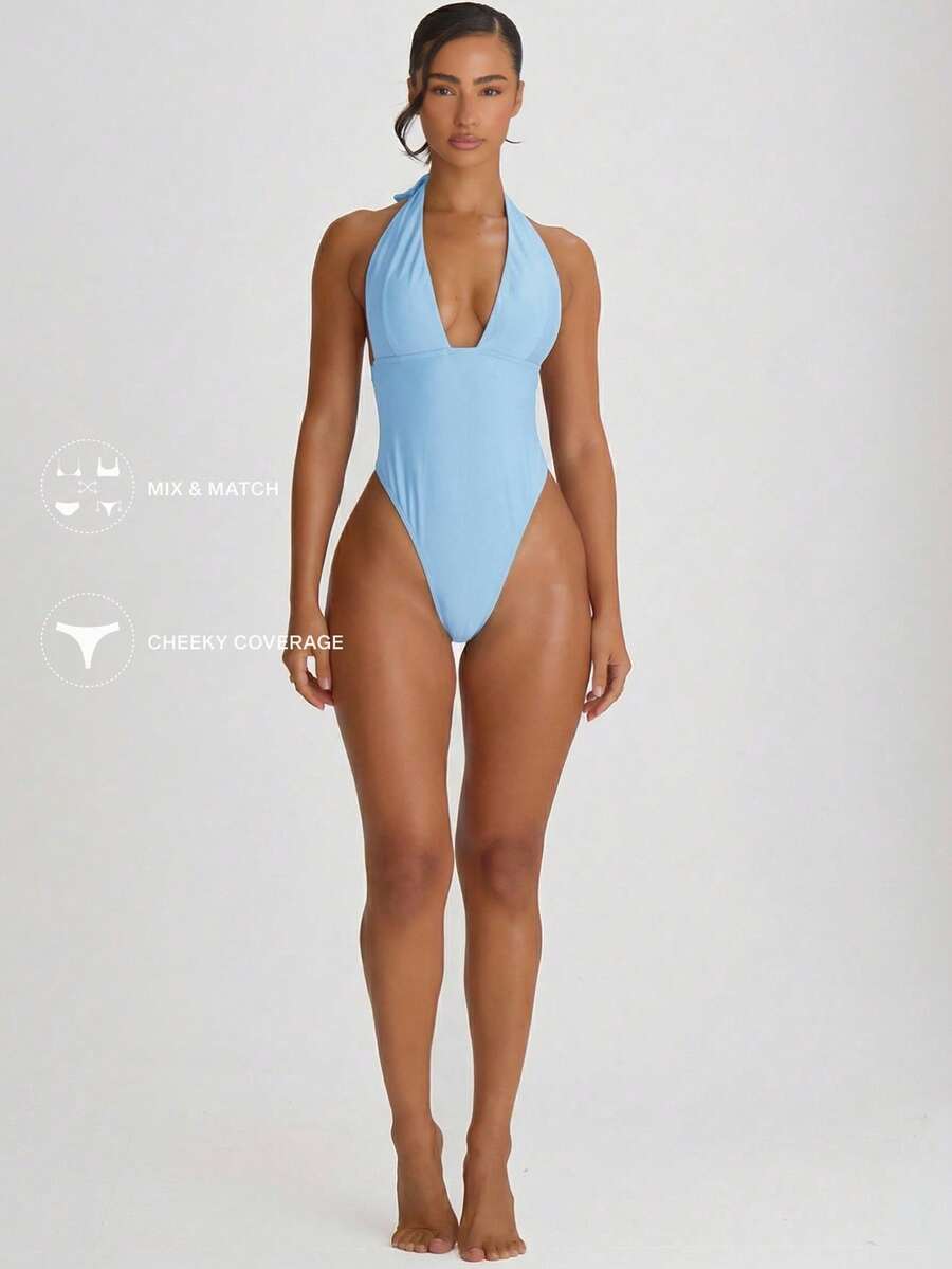 Plunge Halter Tie Back Cheeky Swimsuit – Summer Beach Vacation Swimwear