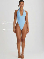Plunge Halter Tie Back Cheeky Swimsuit – Summer Beach Vacation Swimwear