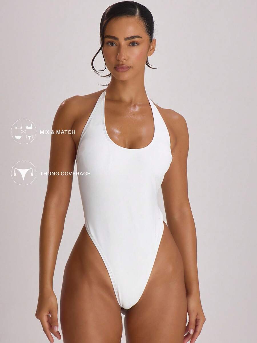 Halterneck High Leg Thong One-Piece Swimsuit – Summer Beach Vacation Swimwear