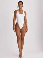 Halterneck High Leg Thong One-Piece Swimsuit – Summer Beach Vacation Swimwear