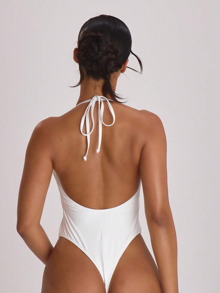Halterneck High Leg Thong One-Piece Swimsuit – Summer Beach Vacation Swimwear