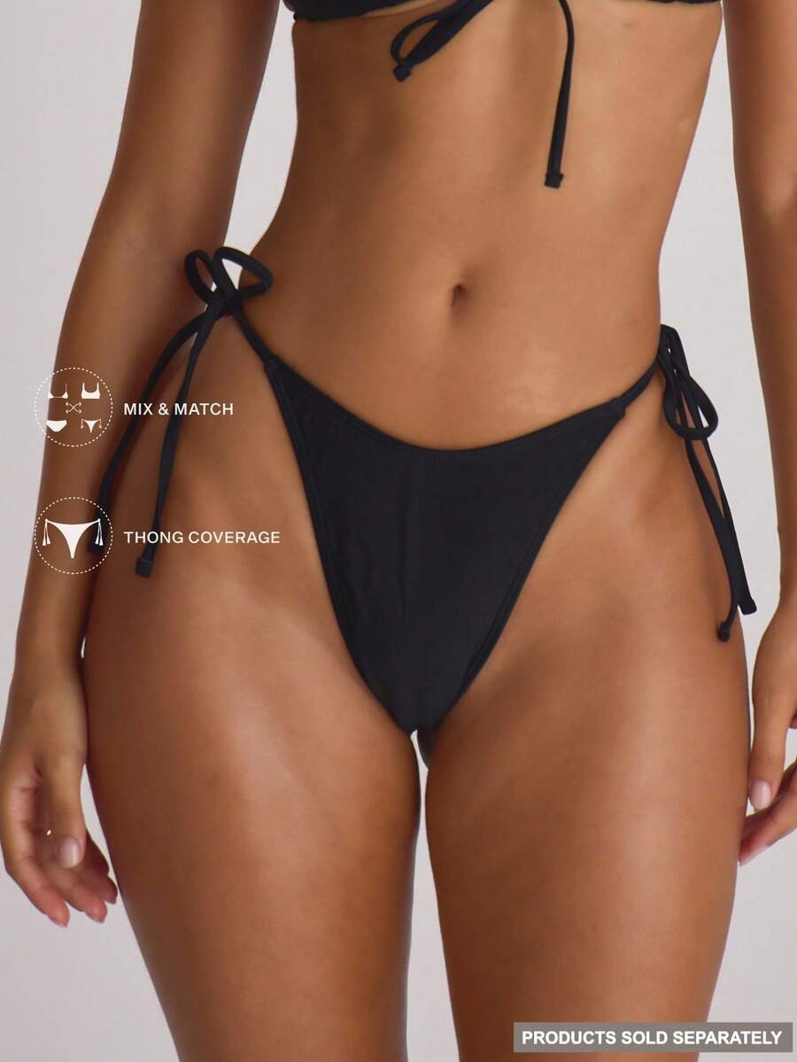 Tie Side Scooped Front Thong Bikini Bottoms – Summer Beach Vacation Swimwear
