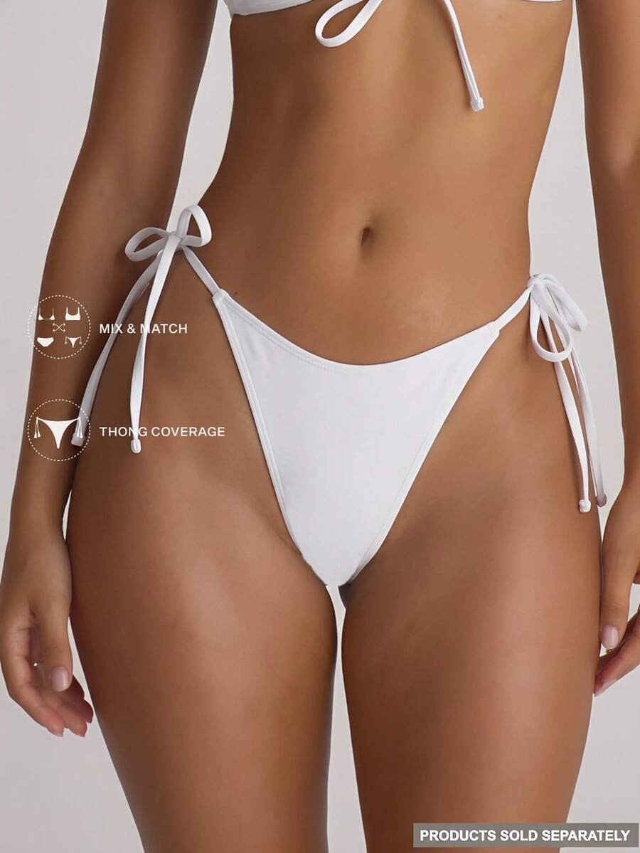 Tie Side Scooped Front Thong Bikini Bottoms – Summer Beach Vacation Swimwear