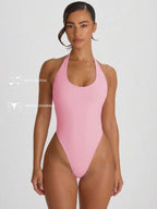 Halterneck High Leg Thong One-Piece Swimsuit – Summer Beach Vacation Swimwear