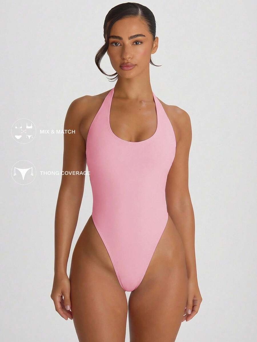 Halterneck High Leg Thong One-Piece Swimsuit – Summer Beach Vacation Swimwear