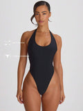 Halterneck High Leg Thong One-Piece Swimsuit – Summer Beach Vacation Swimwear