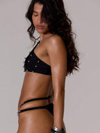 Silver Beaded Asymmetric Halter Bikini Top – Summer Beach Vacation Swimwear