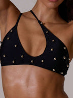 Silver Beaded Asymmetric Halter Bikini Top – Summer Beach Vacation Swimwear